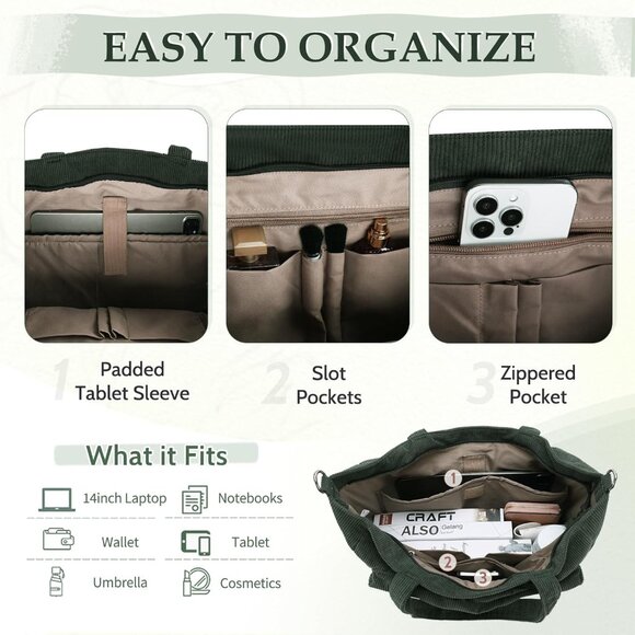 Dark Green Corduroy Large Tote Bag for Women with Zipper, Casual, Stylish, Versa - Picture 3 of 7